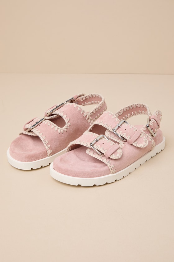 Shop Beach By Matisse Koa Blush Suede Buckled Embroidered Flat Sandals In Pink