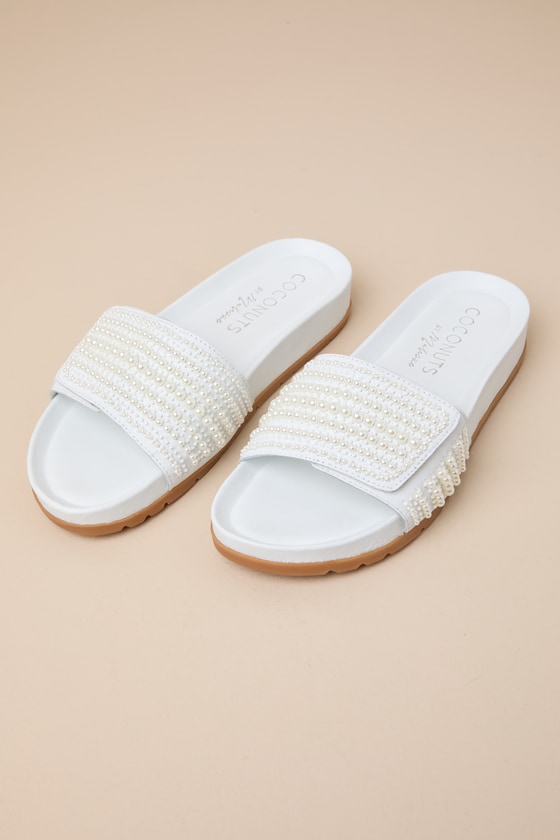 Reese White Leather Pearl Slide Sandals 2