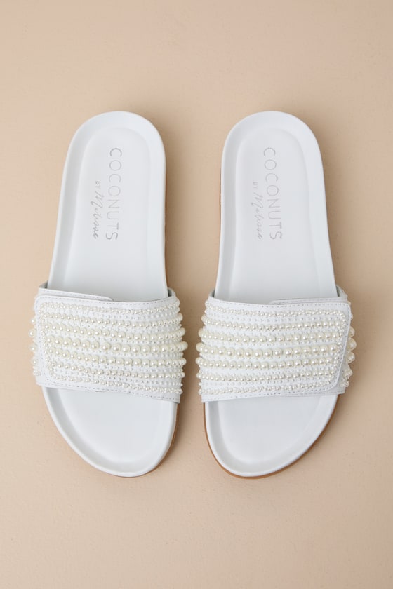 Shop Matisse Reese White Leather Pearl Slide Sandals