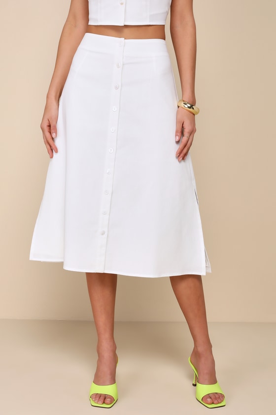Ivory Linen Skirt - Button-Front Midi Skirt - A-Line Midi Skirt