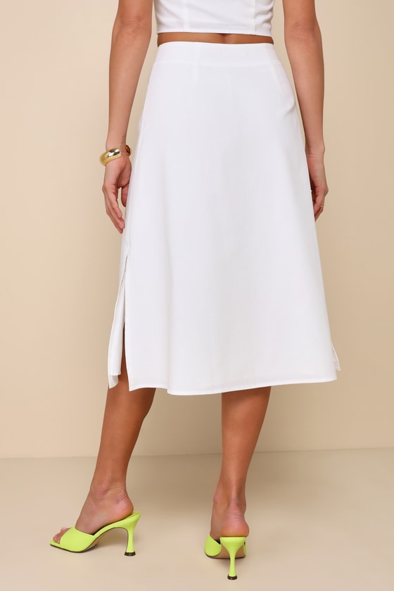 ポワ pois button line skirt （summer） ホワイト Ivory Linen Skirt - Button-Front Midi Skirt - A-Line Midi Skirt