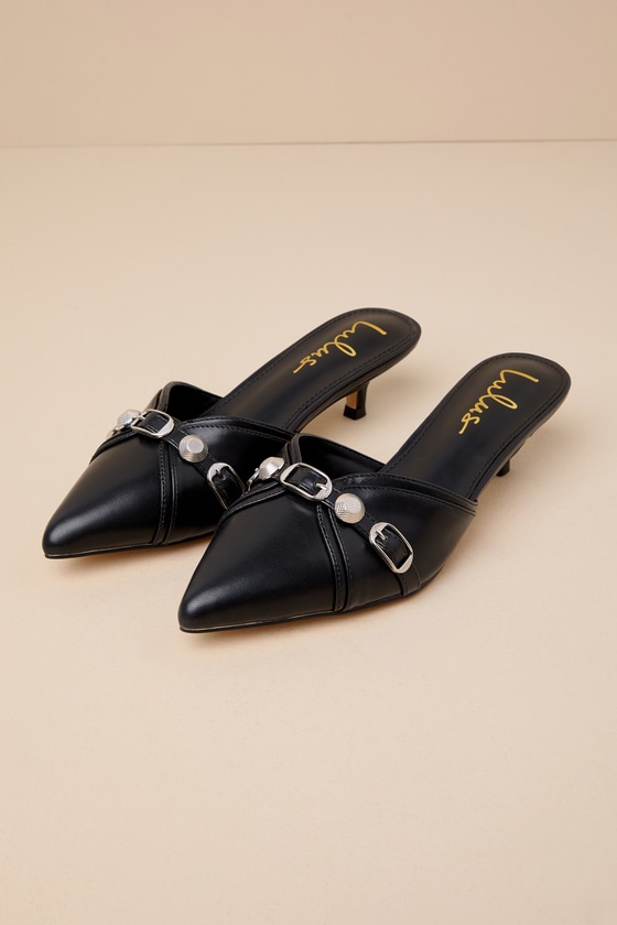 Amaury Black Buckle Pointed-Toe Kitten Heel Mules 2