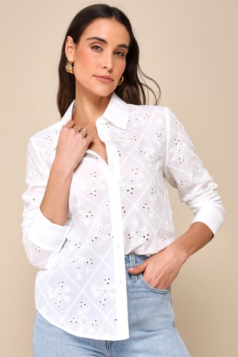 Breezy Poise White Embroidered Cotton Long Sleeve Button-Up Top