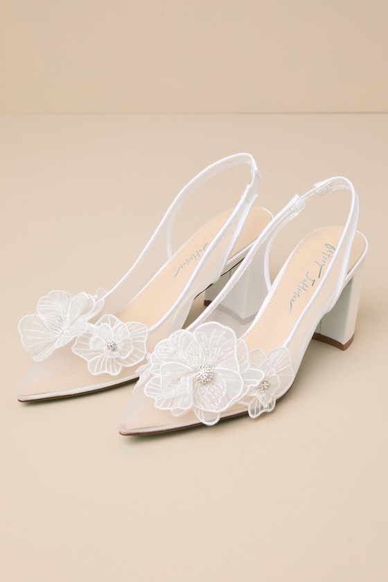 SB-Petra Ivory Mesh Satin Floral Rhinestone Slingback Pumps 2