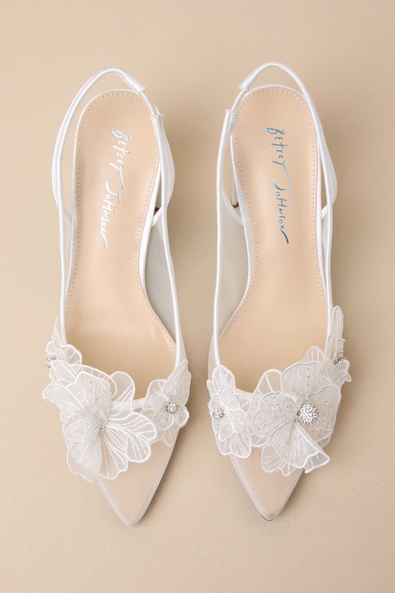 SB-Petra Ivory Mesh Satin Floral Rhinestone Slingback Pumps
