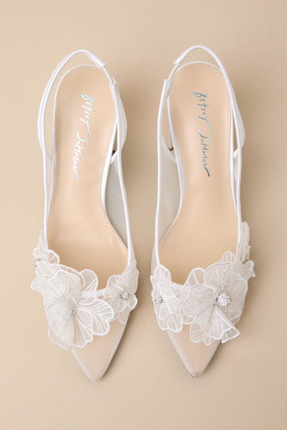 SB-Petra Ivory Mesh Satin Floral Rhinestone Slingback Pumps