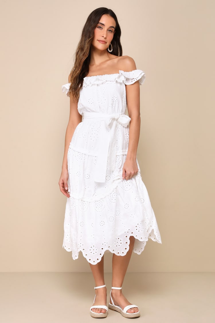 eyelet off the shoulder midi dress Off-White Eyelet Smocked Midi Dress in Off White