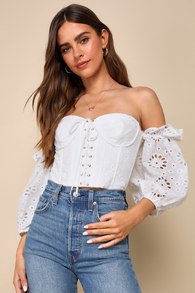 Adoring Perspective White Eyelet Off-the-Shoulder Bustier Top