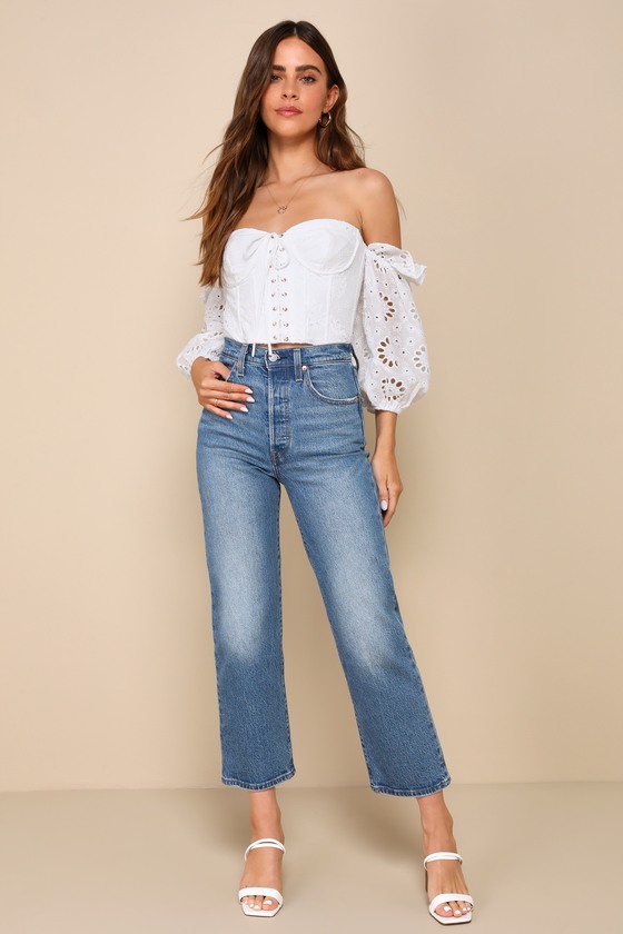 White Eyelet Top - Off-the-Shoulder Bustier Top - Lace-Up