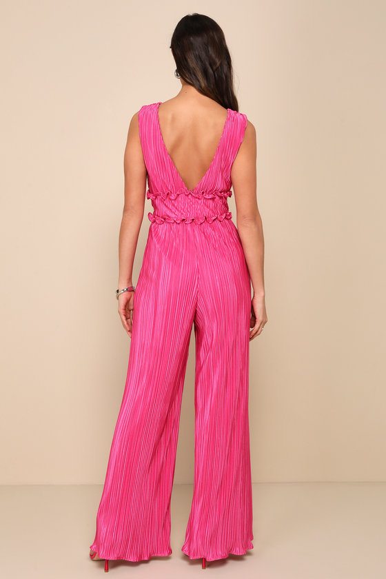 Spectacular Aura Hot Pink Satin Plisse V-Neck Wide-Leg Jumpsuit 2