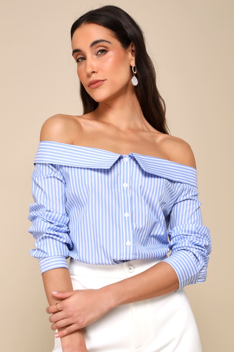 off shoulder dress shirt Blue Striped Top - Cotton Shirt - Off-the-Shoulder Button-Up Top