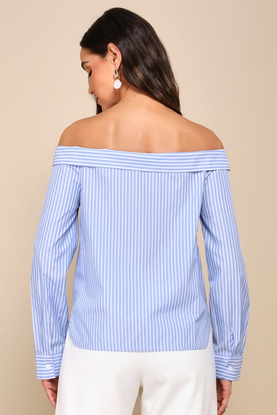 Posh Poise Blue Striped Cotton Off-the-Shoulder Button-Up Top 4