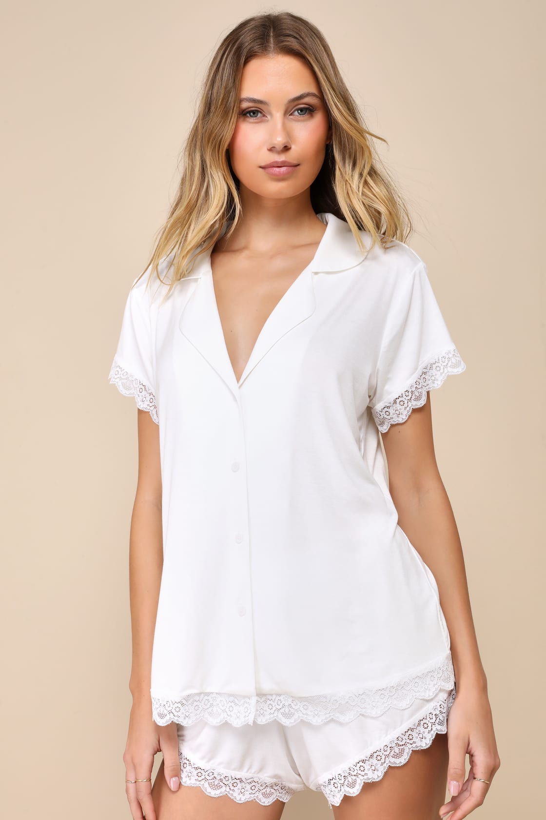 Snuggly Love Ivory Short Sleeve Lace Two-Piece Pajama Set