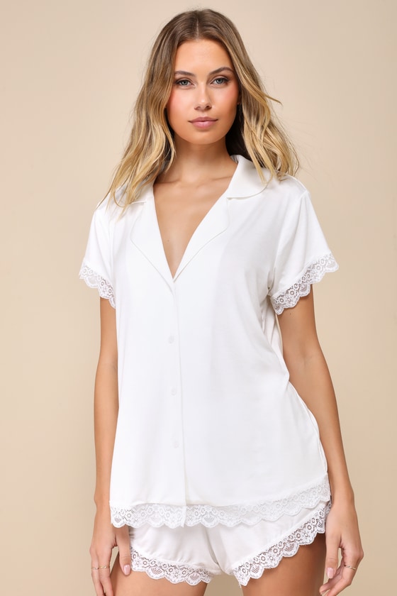 Snuggly Love Ivory Short Sleeve Lace Two-Piece Pajama Set 2