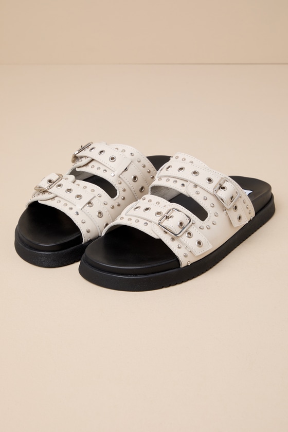 Shop Steve Madden Melanie Bone Leather Buckled Slide Sandals In White