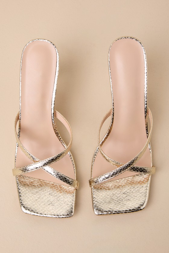 Shop Lulus Christina Gold Snake-embossed High Heel Slide Sandals