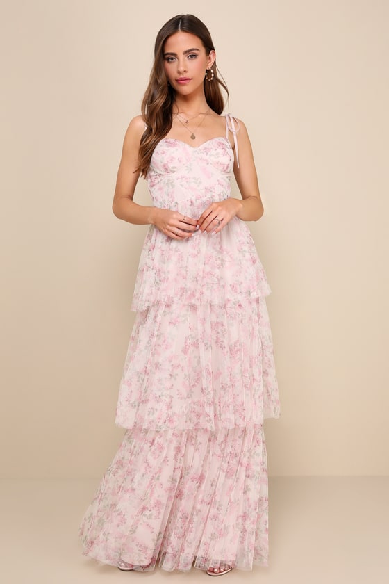 Lulus Blissfully Gorgeous Blush Floral Tie-strap Bustier Maxi Dress In Pink