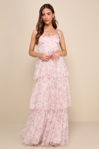 Blissfully Gorgeous Blush Floral Tie-Strap Bustier Maxi Dress
