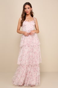 Blissfully Gorgeous Blush Floral Tie-Strap Bustier Maxi Dress 3