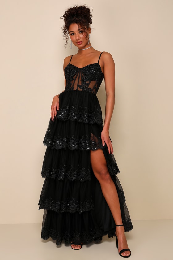 Lulus Alluring Sensation Black Tulle Embroidered Tiered Maxi Dress