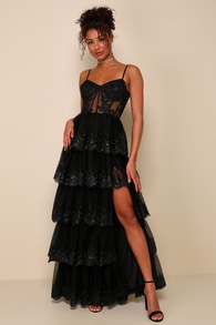 Alluring Sensation Black Tulle Embroidered Tiered Maxi Dress