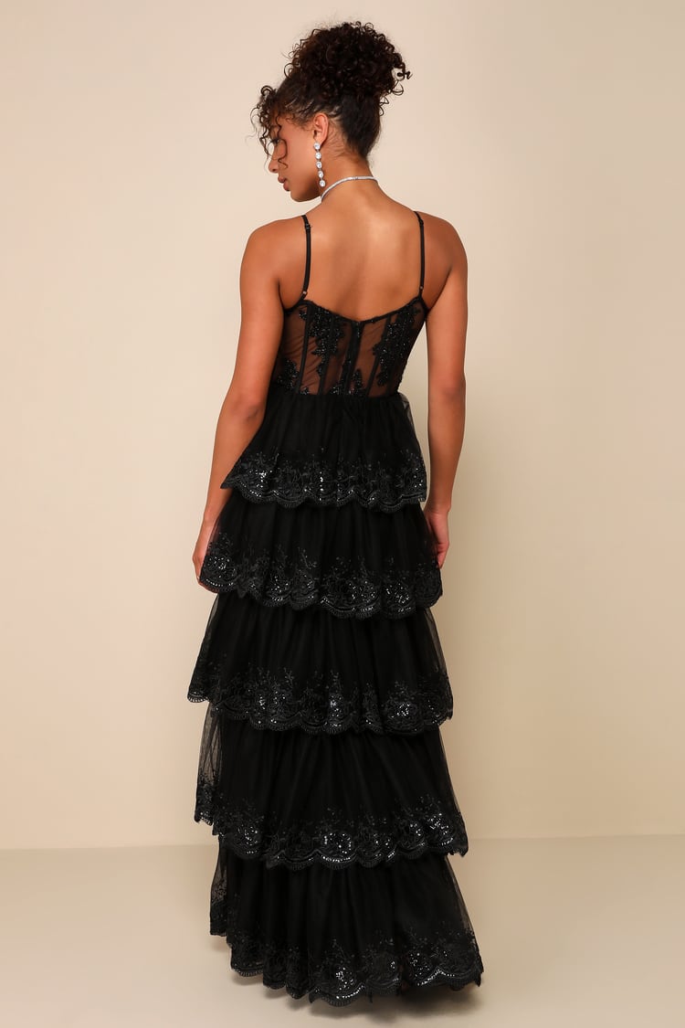 Alluring Sensation Black Tulle Embroidered Tiered Maxi Dress