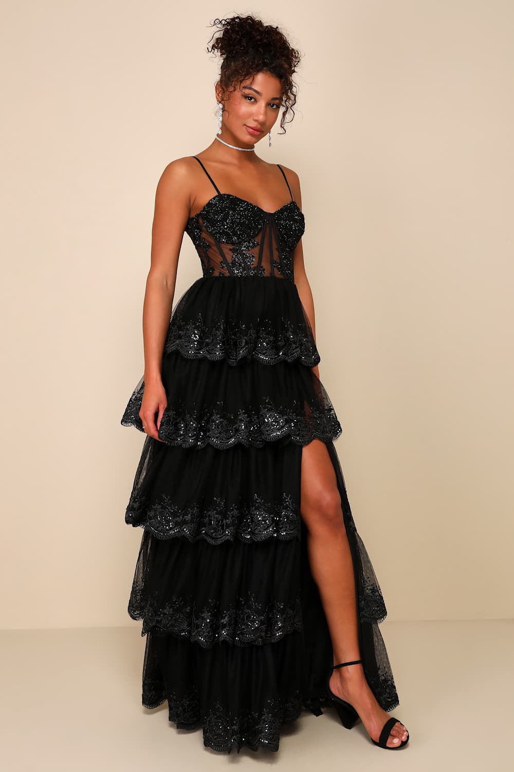 Alluring Sensation Black Tulle Embroidered Tiered Maxi Dress