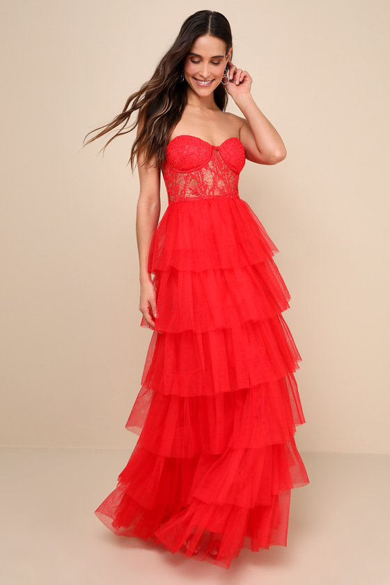 Lulus Radiant Design Red Tulle Lace Strapless Bustier Maxi Dress