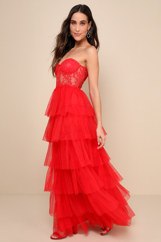 Shop Lulus Radiant Design Red Tulle Lace Strapless Bustier Maxi Dress