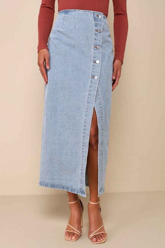 Covetable Cutie Light Wash Denim Button-Front Midi Skirt 3