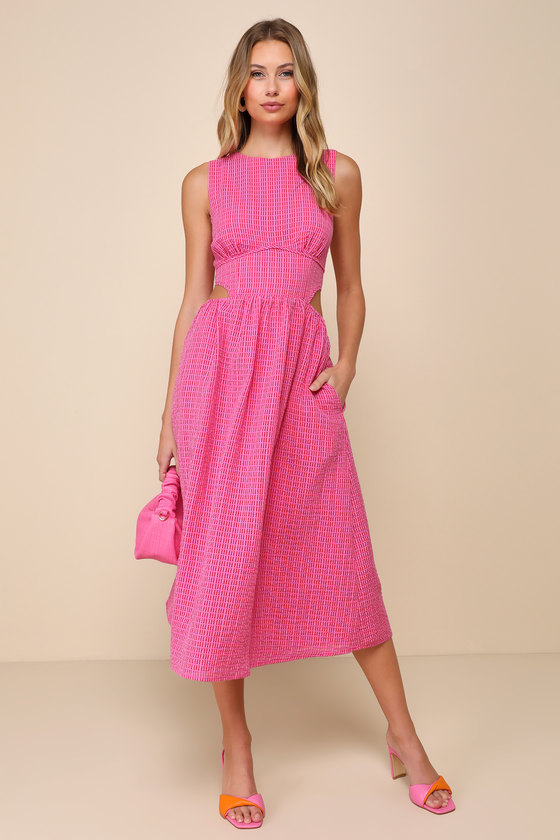 Charm and Confidence Hot Pink Cutout Midi Dress With Pockets 4