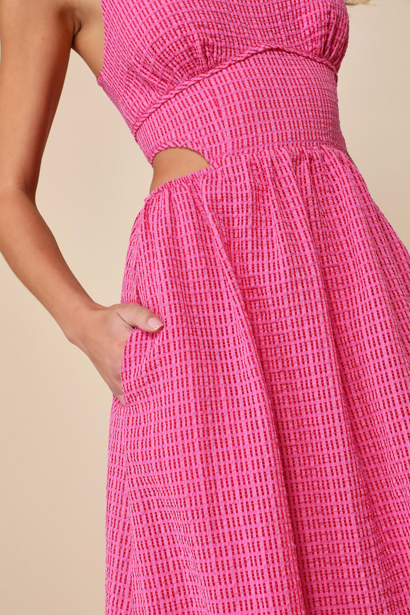 Hot Pink Cutout Dress - Midi Dress With Pockets - Cutout Dress - Lulus