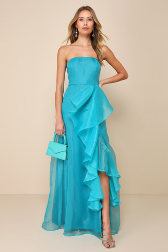 Exquisite Ease Teal Green Organza Strapless Ruffled Maxi Dress