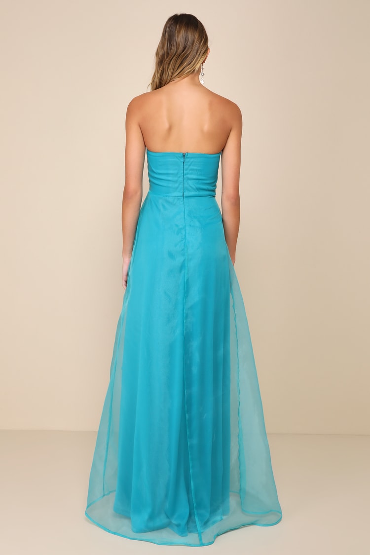 Exquisite Ease Teal Green Organza Strapless Ruffled Maxi Dress