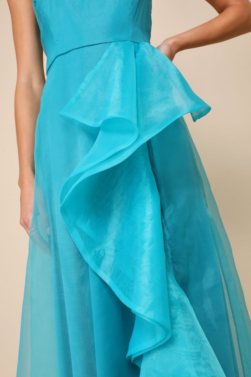 Exquisite Ease Teal Green Organza Strapless Ruffled Maxi Dress