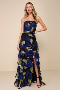 Phenomenal Aura Black Floral Ruched Tiered Strapless Maxi Dress