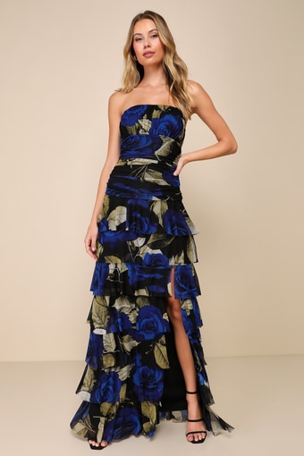 Phenomenal Aura Black Floral Ruched Tiered Strapless Maxi Dress 4