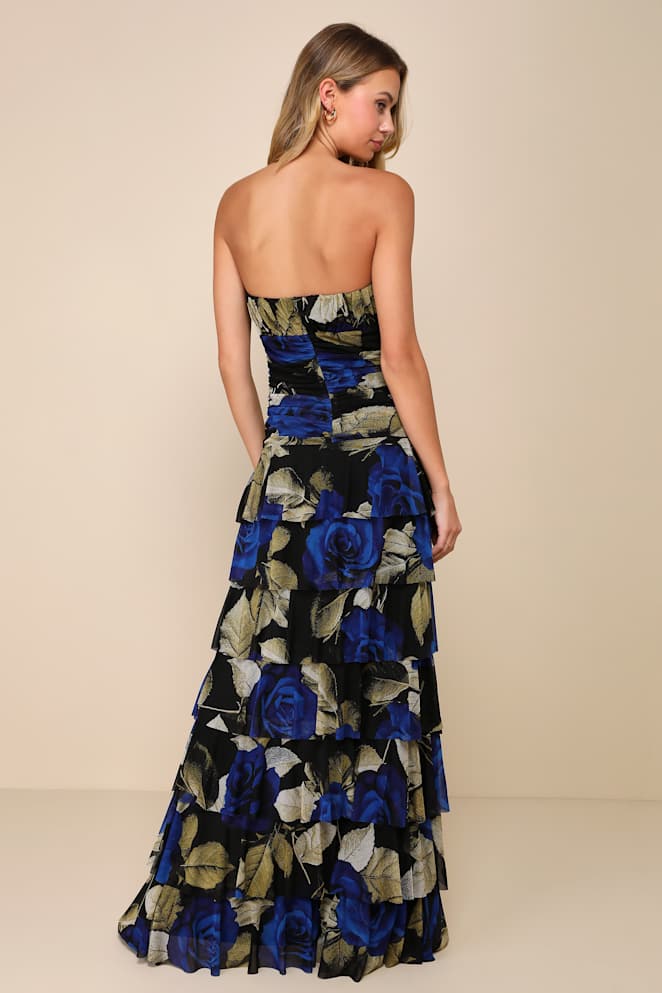 Phenomenal Aura Black Floral Ruched Tiered Strapless Maxi Dress
