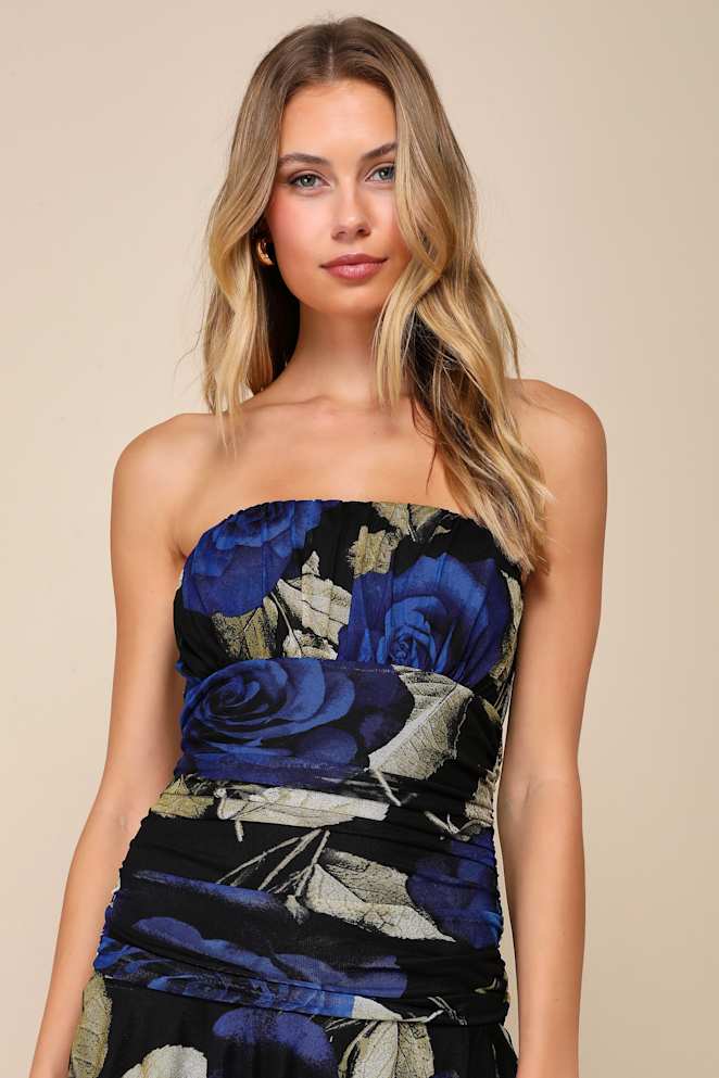 Phenomenal Aura Black Floral Ruched Tiered Strapless Maxi Dress
