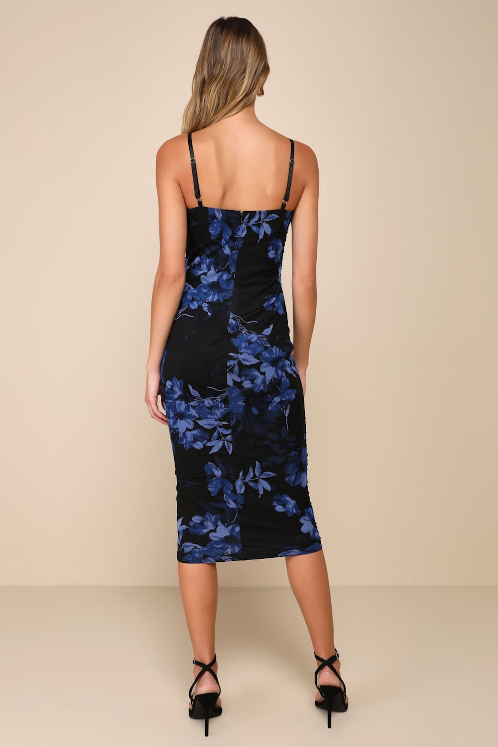 Date Night Beauty Black Floral Print Mesh Ruched Midi Dress