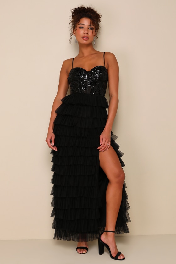 Lulus Iconic Radiance Black Sheer Mesh Sequin Bustier Maxi Dress