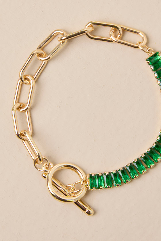 Lulus Luxe Glitter Gold And Green Rhinestone Chain Bracelet In Gold And Green