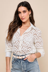 Sheerly Iconic Ivory Eyelet Embroidered Sheer Button-Up Top
