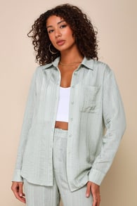 Relaxed Chic Sage Green Striped Textured Button-Up Top