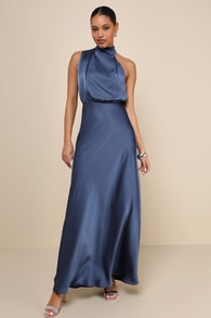 Distinctive Charm Slate Blue Satin Asymmetrical Maxi Dress