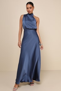 Distinctive Charm Slate Blue Satin Asymmetrical Maxi Dress 4
