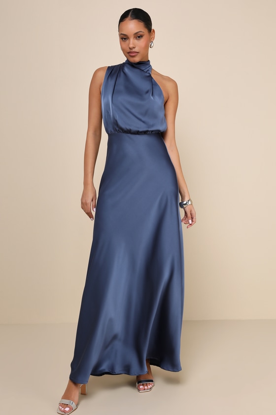 Distinctive Charm Slate Blue Satin Asymmetrical Maxi Dress 4