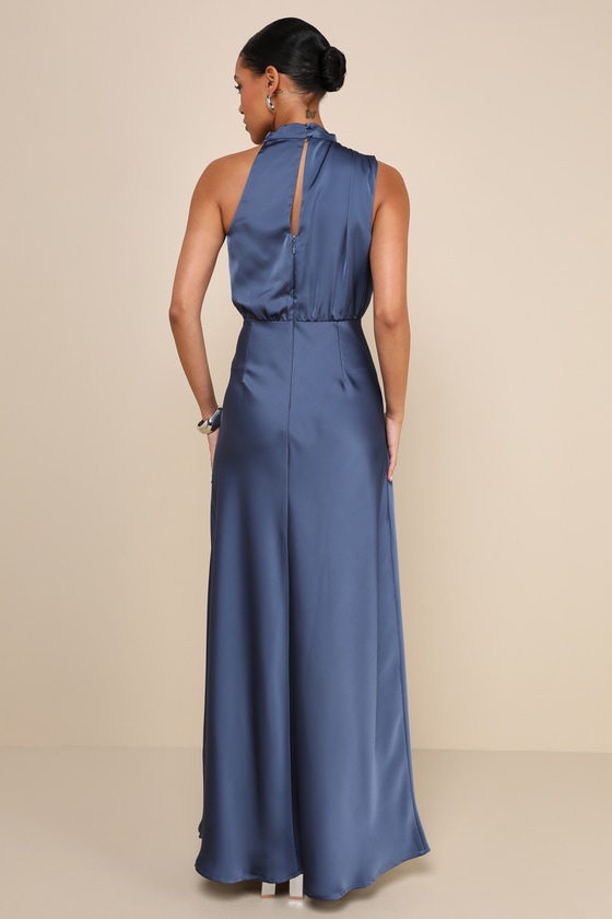 Distinctive Charm Slate Blue Satin Asymmetrical Maxi Dress 2