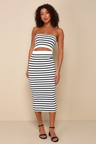 Trend-Worthy White Striped Ribbed Cutout Strapless Midi Dress