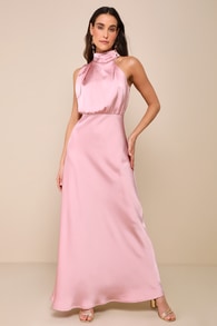 Distinctive Charm Dusty Pink Satin Asymmetrical Maxi Dress